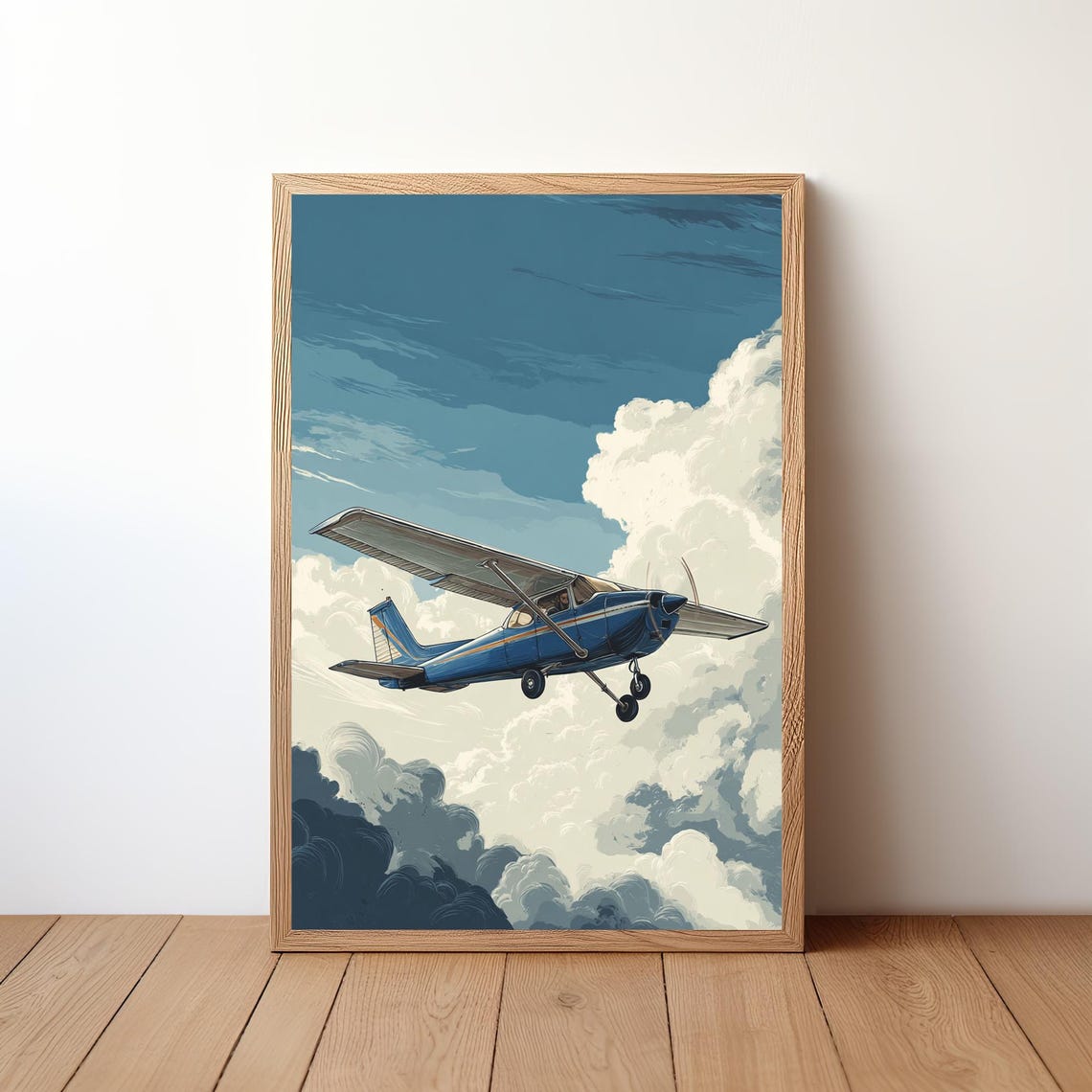 Blue Propeller Plane Dramatic Clouds Vintage Aviation Sky Art Poster