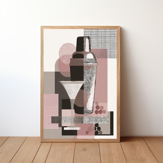 Muted Pink Black Cocktail Shaker Martini Modern Collage Wall Print