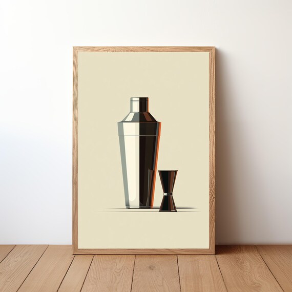 Minimalist Cocktail Shaker and Jigger Modern Bar Wall Poster