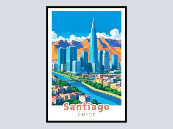 Santiago Chile Framed Poster Travel Cityscape Wall Art Gift Modern City Print Home Office Decor