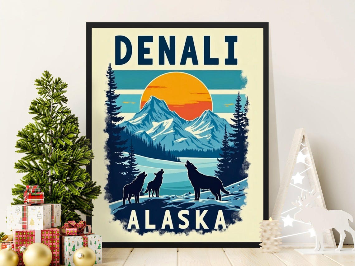 Denali Alaska Howling Wolves Snowy Peaks Sunset Wilderness Poster - Image 2