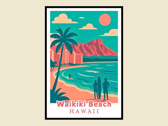 Waikiki Beach Framed Poster Hawaii Travel Art Diamond Surf Scene Vacation Gift Retro Style Tropical Home Office Decor
