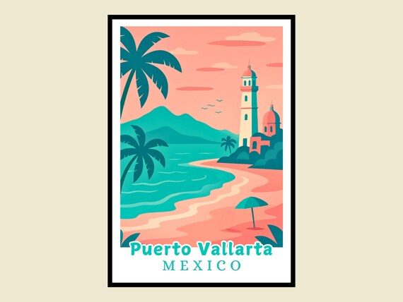 Puerto Vallarta Mexico Retro Beach Lighthouse Sunset Travel Poster