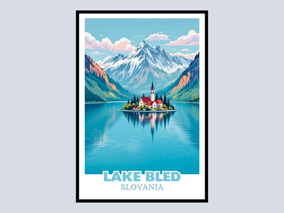 Lake Bled Slovenia Travel Poster Island Church Alpine Reflection