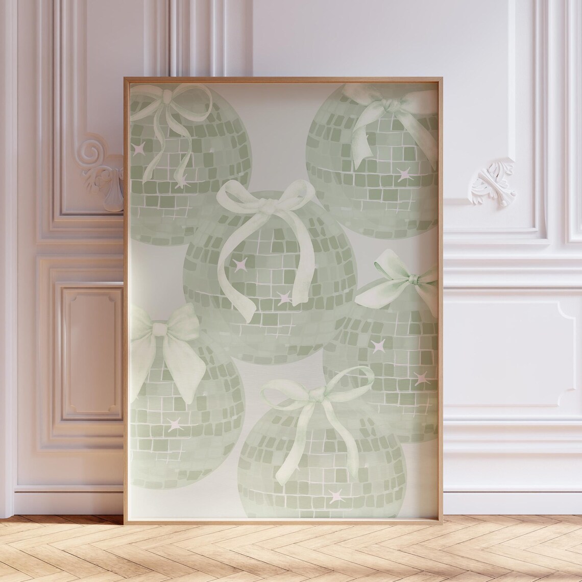Sage Green Disco Ball With White Bows Trendy Aesthetic Party Wall Art