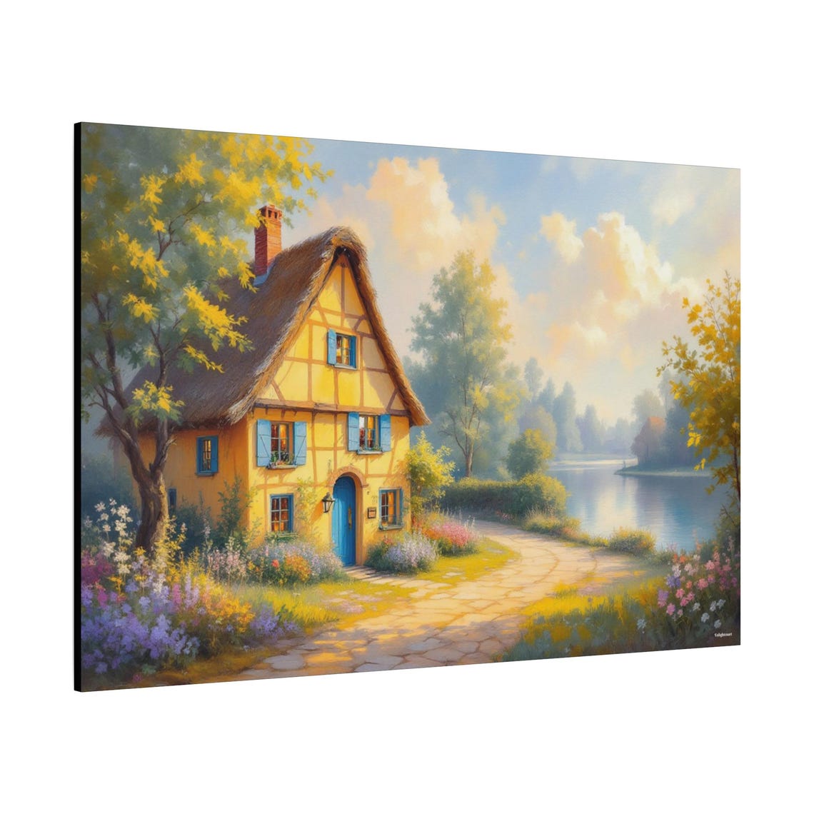 Charming Thatched Cottage Lakeside Garden Golden Light Art Poster - Image 2