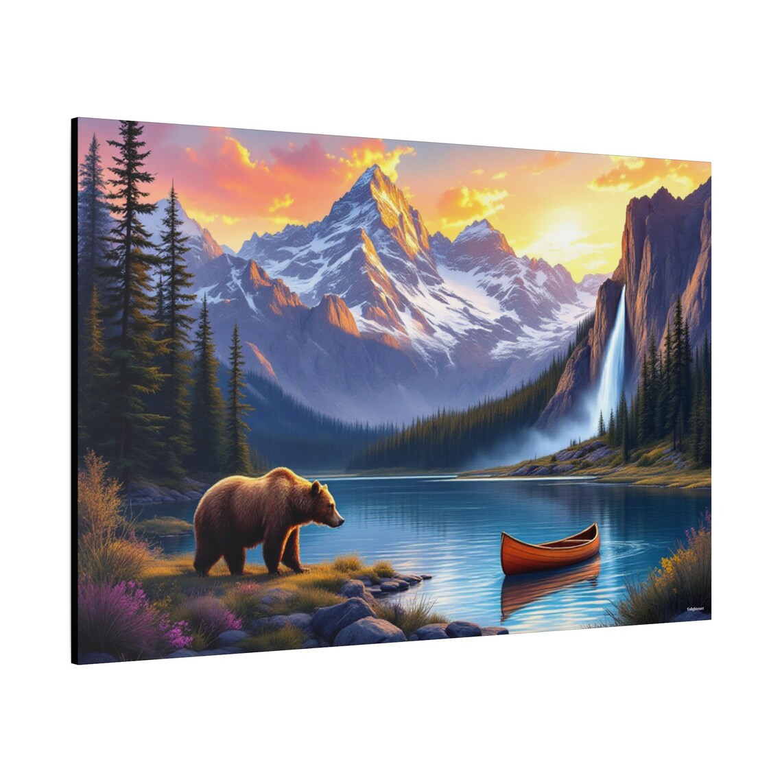 Brown Bear On A Lakeshore At Sunset With Canoe Waterfall And Peaks Poster - Image 2