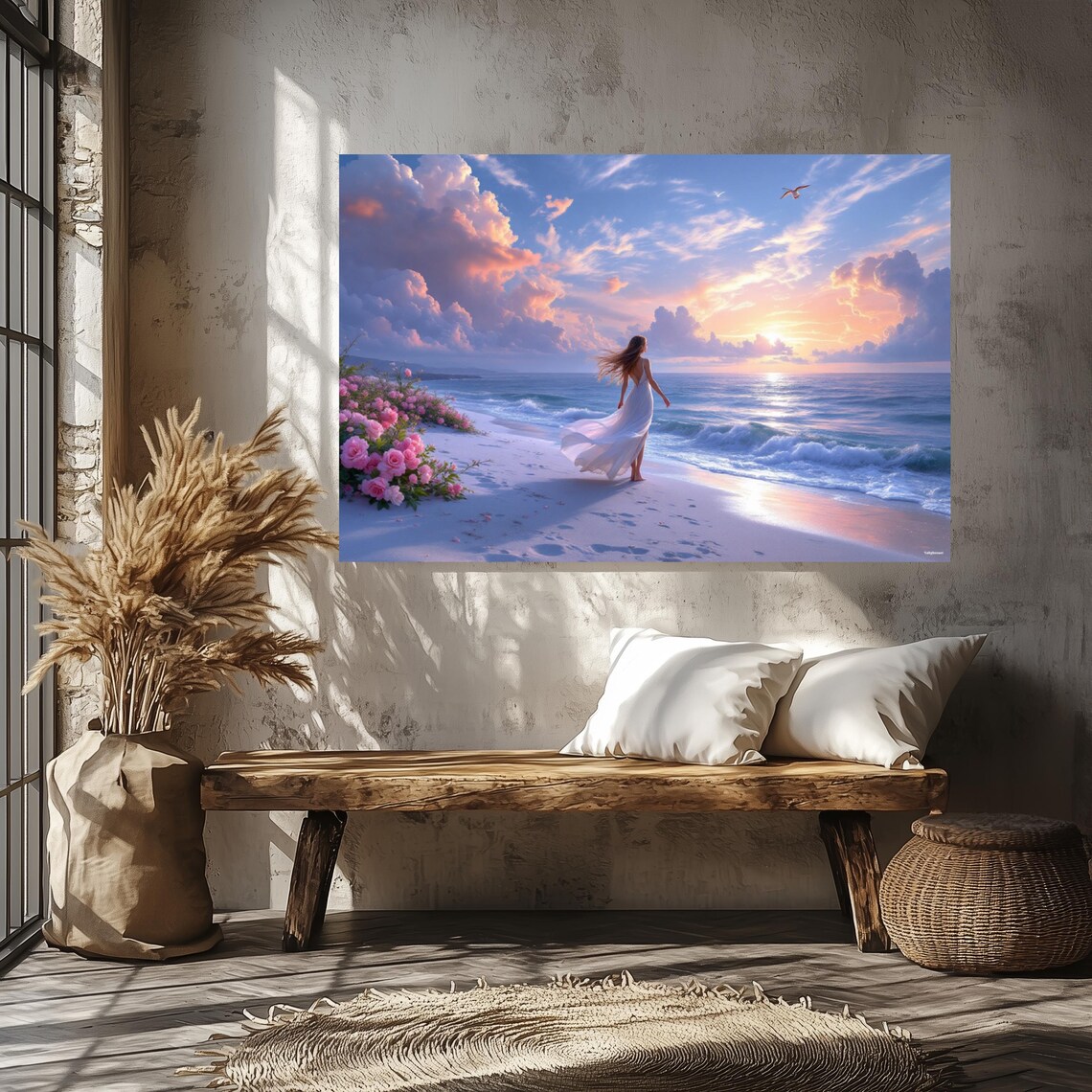 Woman In White Dress Walking A Flower Lined Sunset Beach Ocean Poster