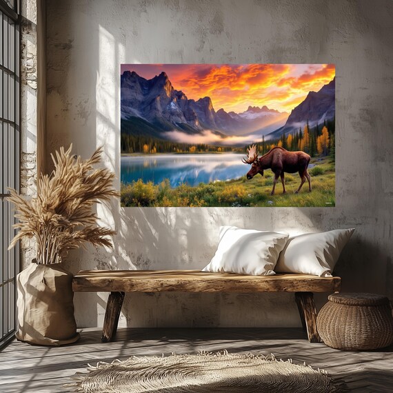 Moose Grazing By A Mountain Lake Under A Fiery Autumn Sunset Nature Poster