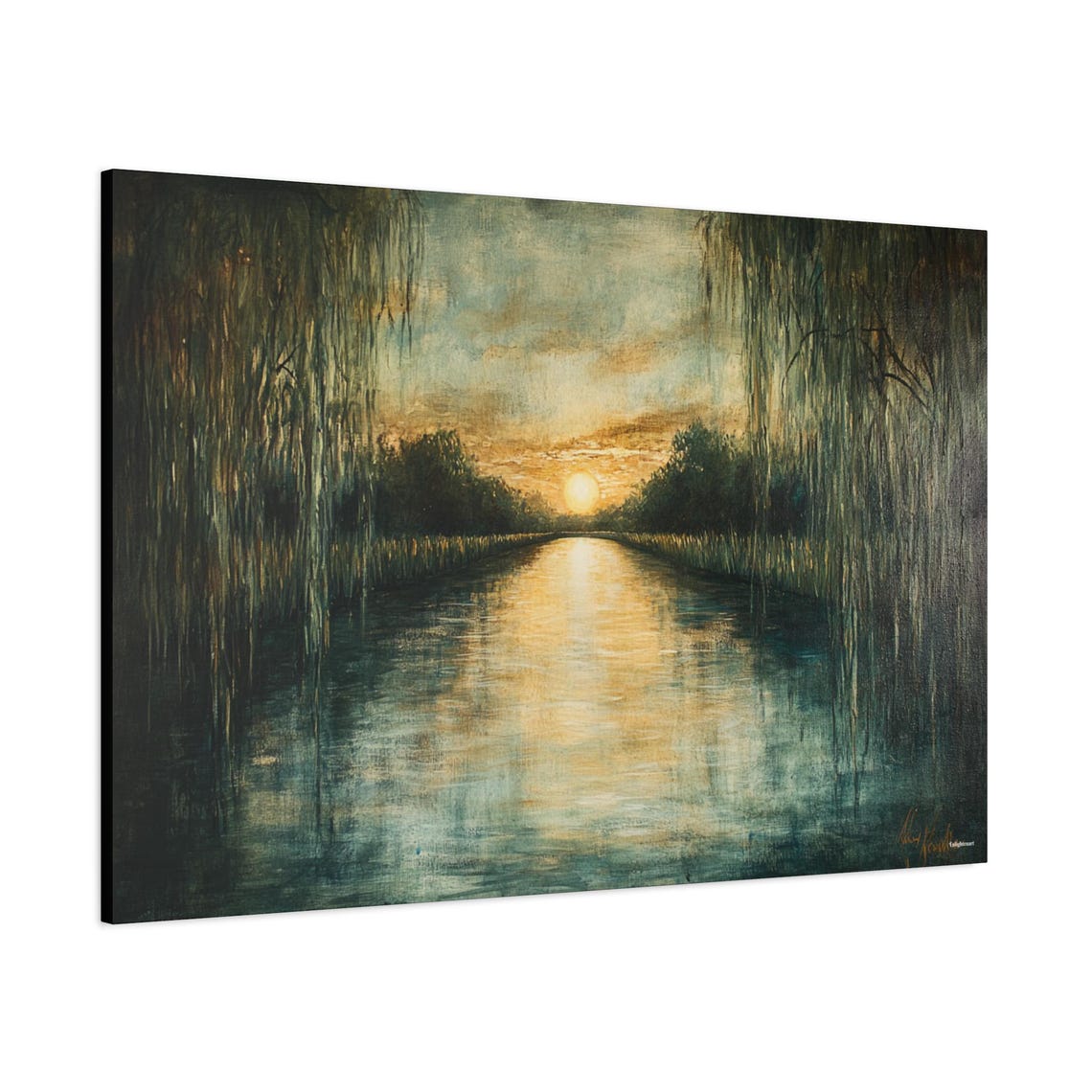 Weeping Willows Twilight River Sunset Golden Reflection Art Poster - Image 2
