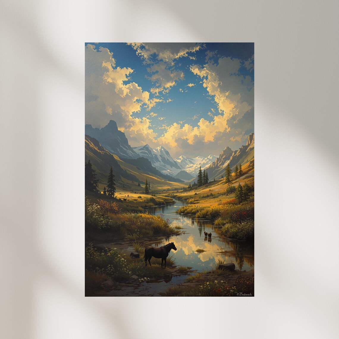 Mountain River Landscape Horse Snow Peaks Golden Sky Fantasy Art Print