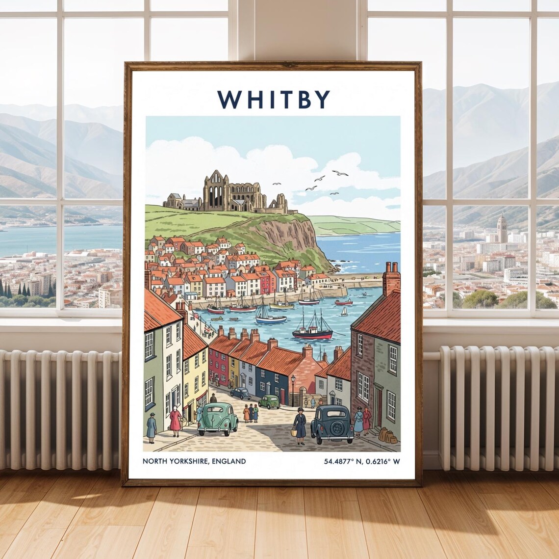 Whitby Abbey Ruins Harbor North Yorkshire Vintage Travel Poster