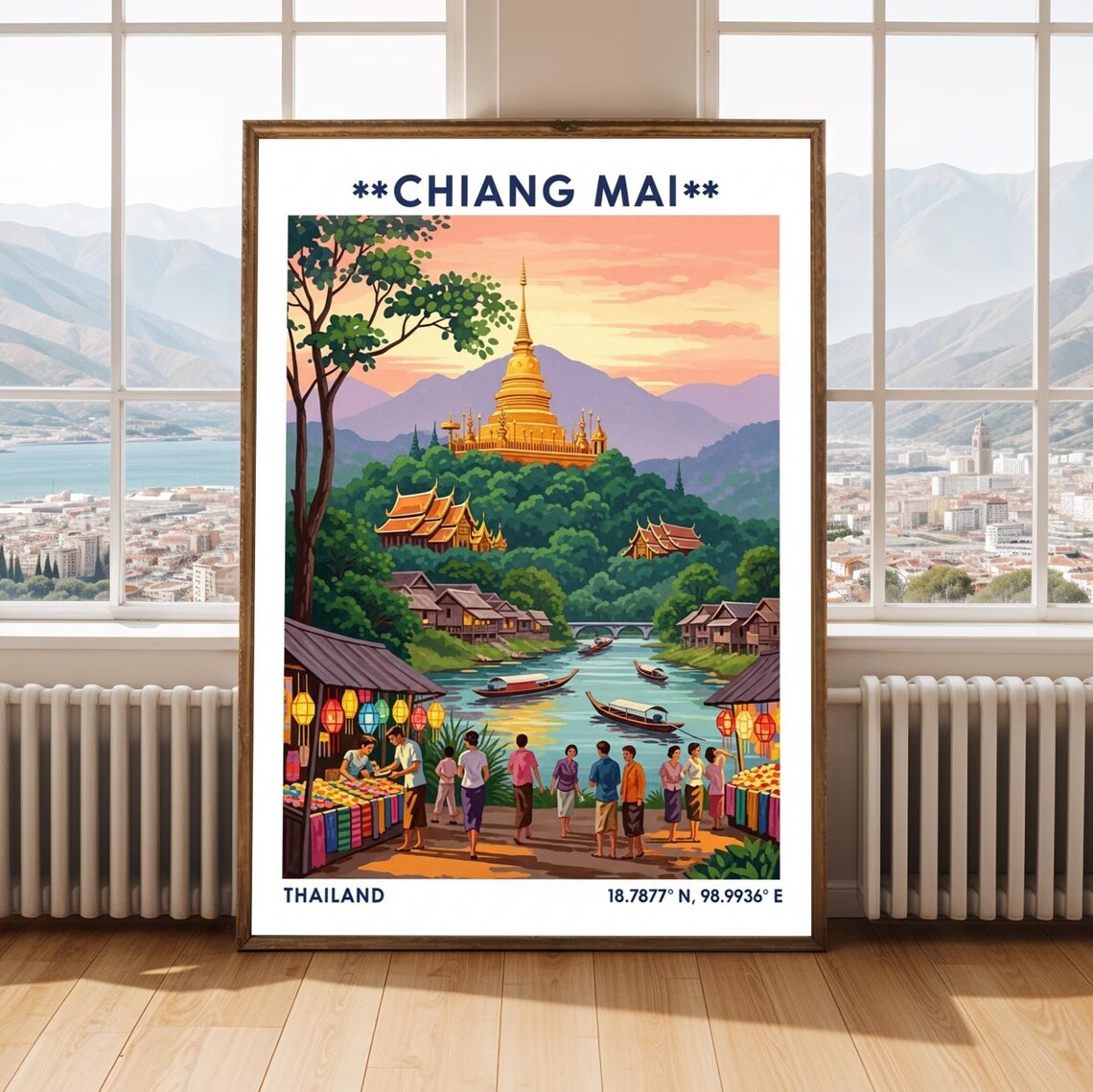 Chiang Mai Thailand Sunset Temple Market Lantern Travel Poster
