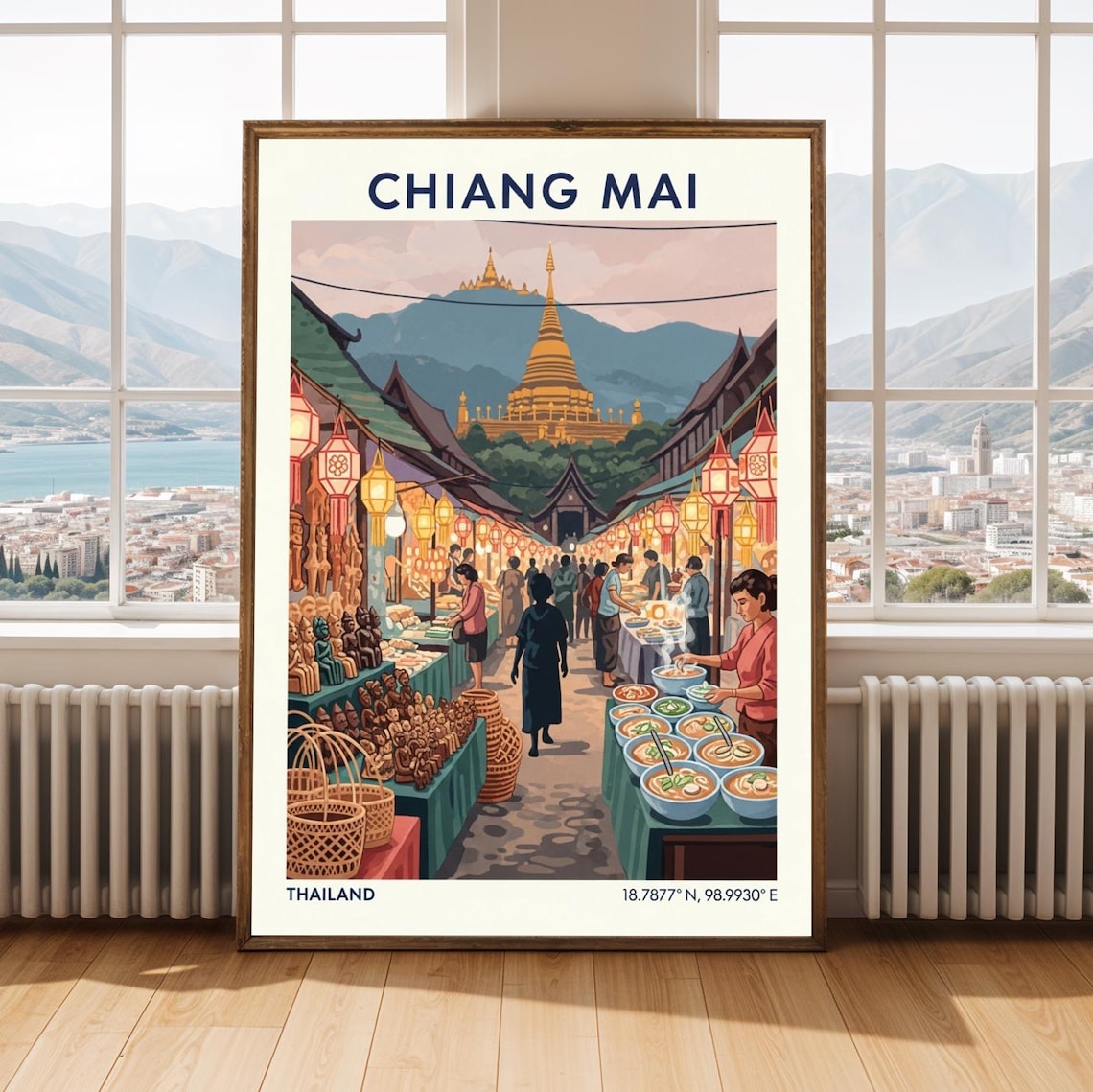 Chiang Mai Thailand Travel Poster Golden Temple Lantern Night Market Art