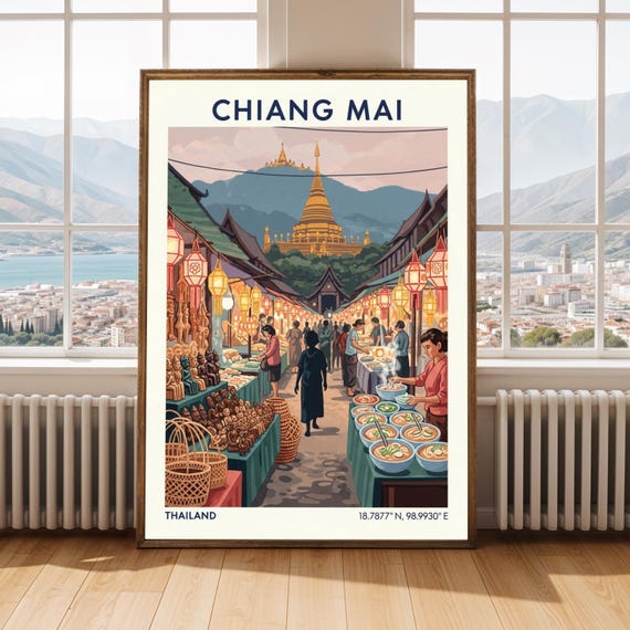 Chiang Mai Market Art Print Thailand Travel Illustration