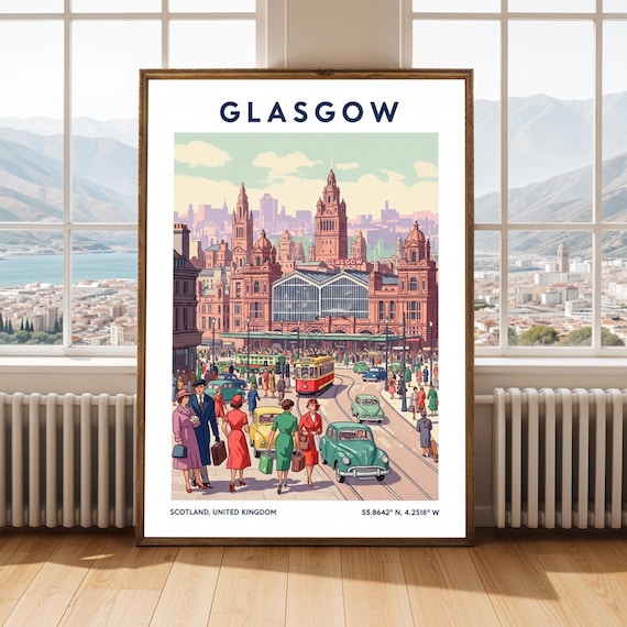 1950s Glasgow Travel Poster Vintage Cityscape Art Print