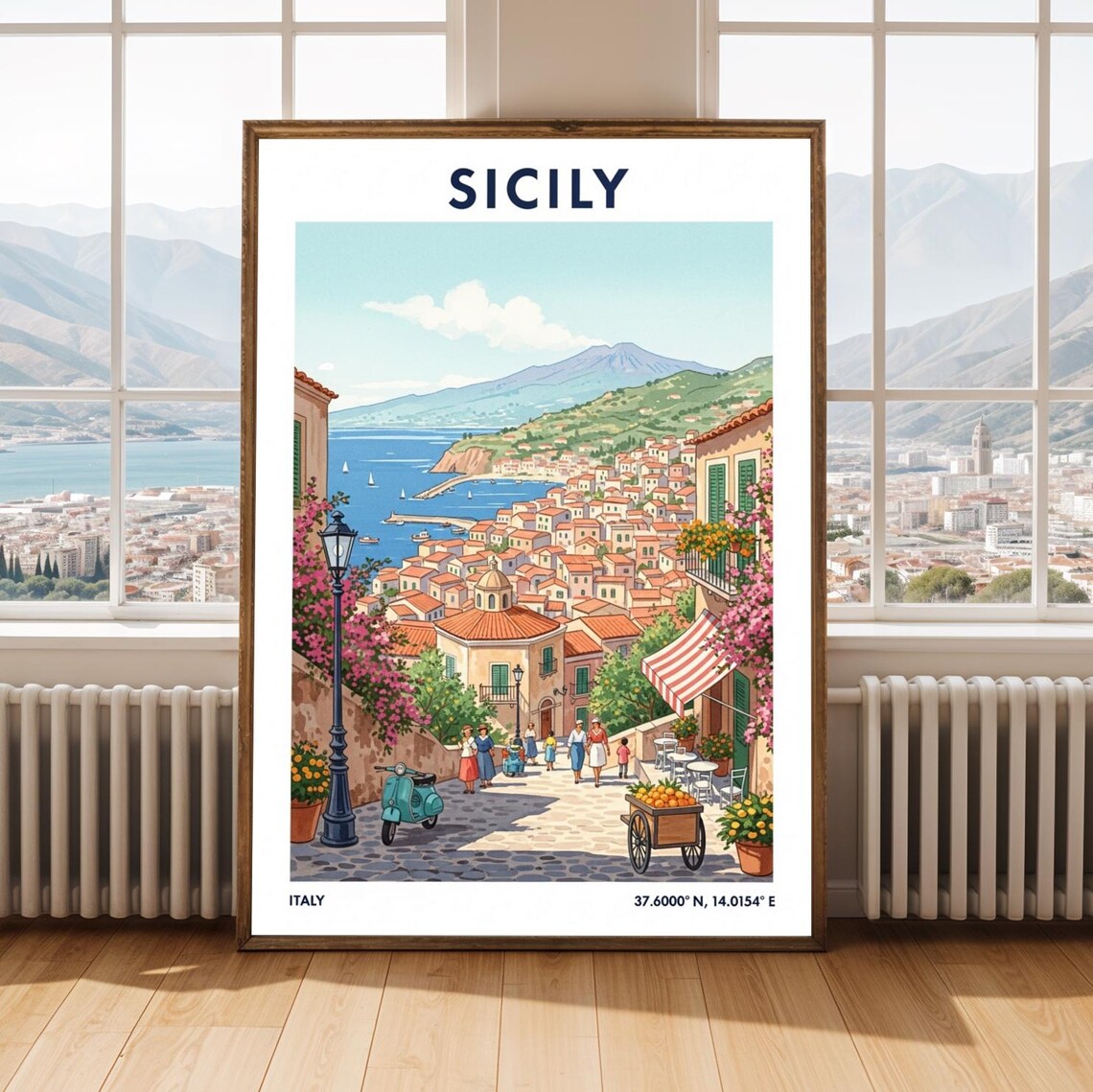 Sicily Coastal Village Mount Etna Vespa Vintage Travel Poster Italy