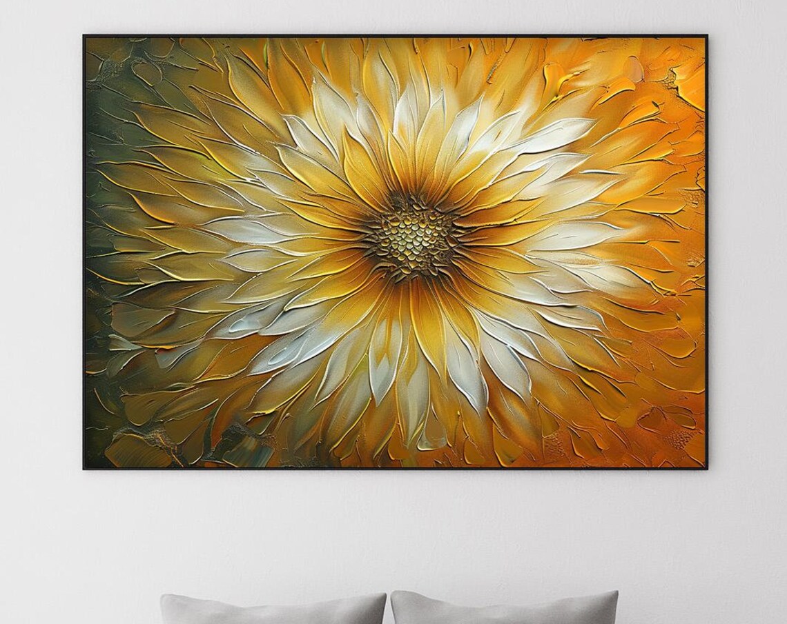 Golden Sunflower Bloom Close Up Abstract Impasto Oil Painting Poster