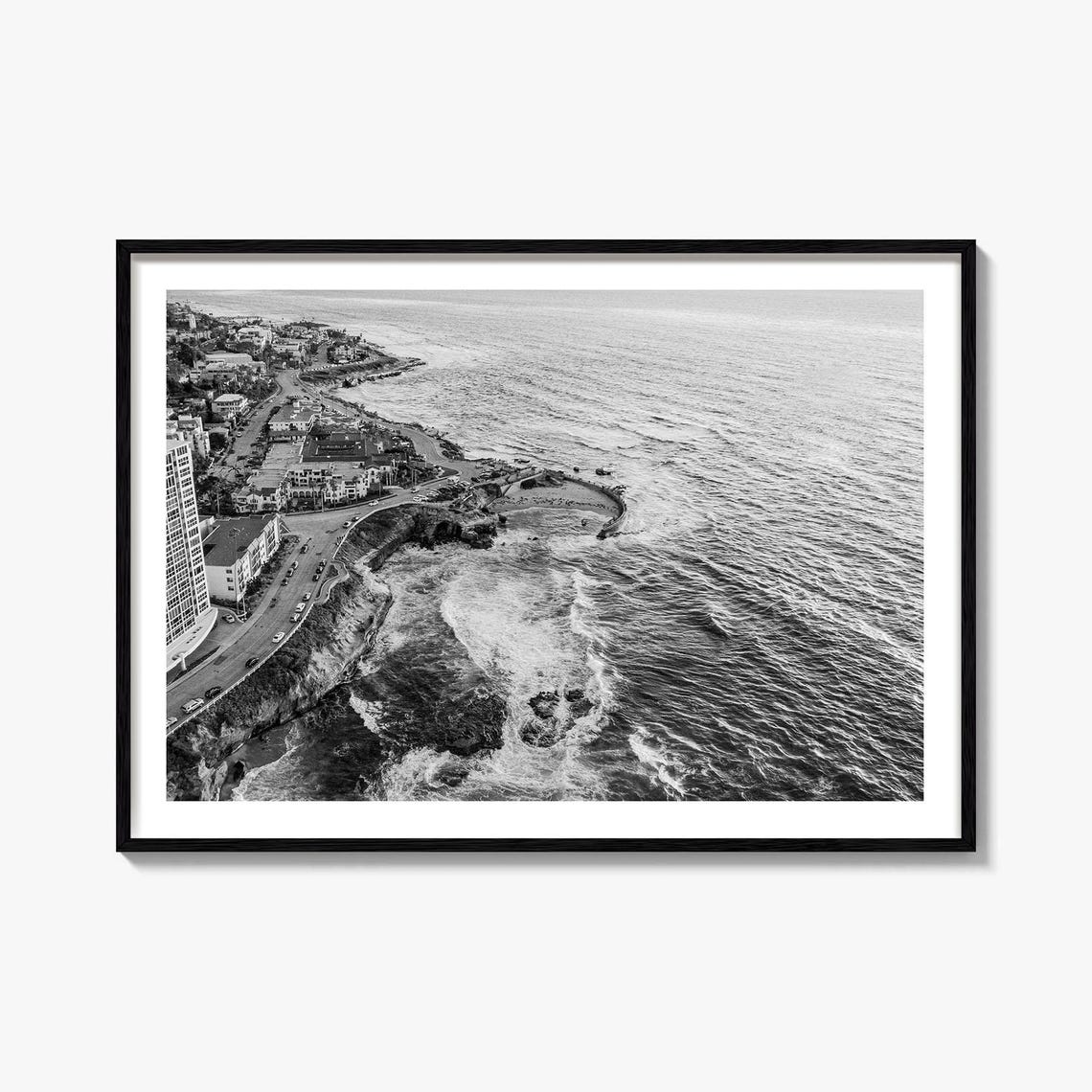 La Jolla California Black White Cliffside Cove Aerial Poster