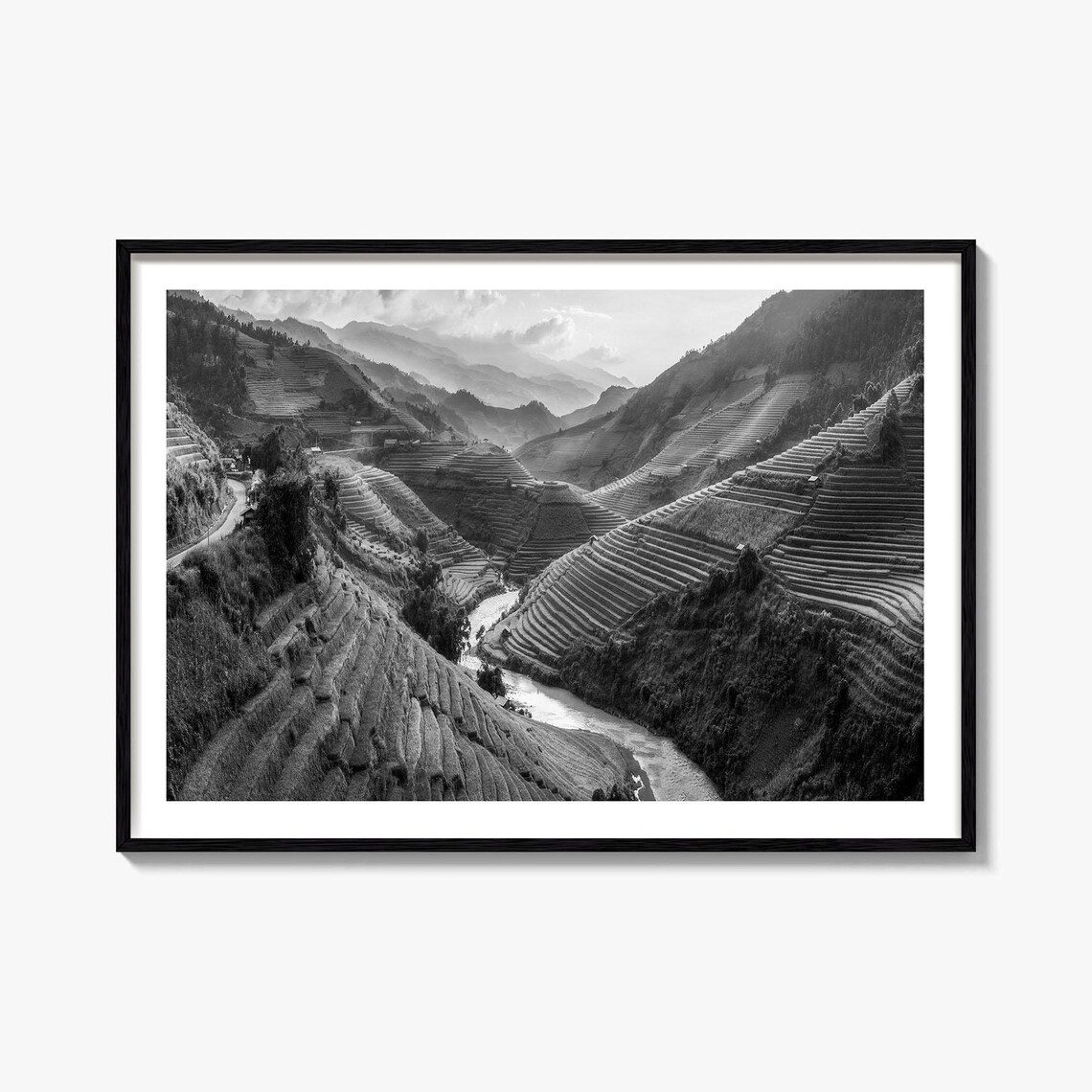 Vietnam Terraced Rice Fields Valley Black And White Mountain Poster
