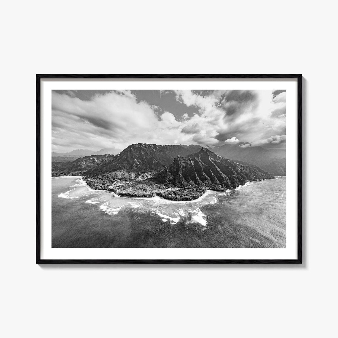 Hawaii Volcanic Island Mountain Peaks Ocean Aerial Black and White Poster