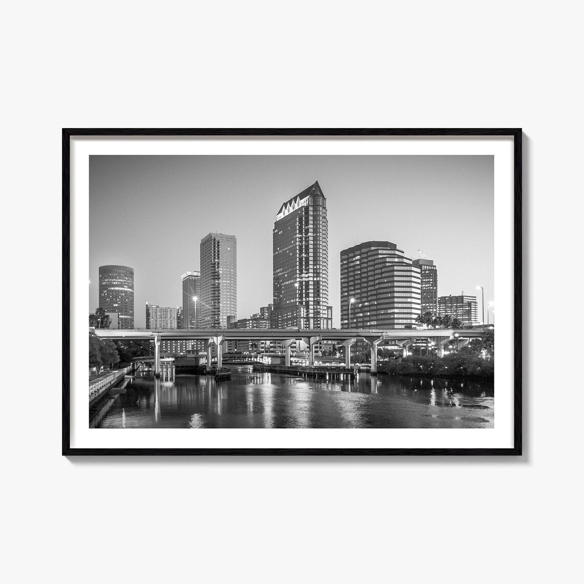 Tampa Downtown Skyline River Bridge Black White Photo Poster