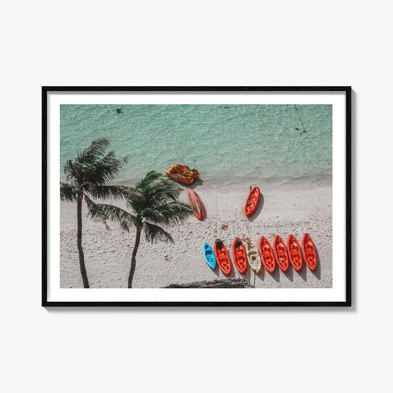 Guam Tropical Beach Red Kayaks Palm Trees Turquoise Water Poster