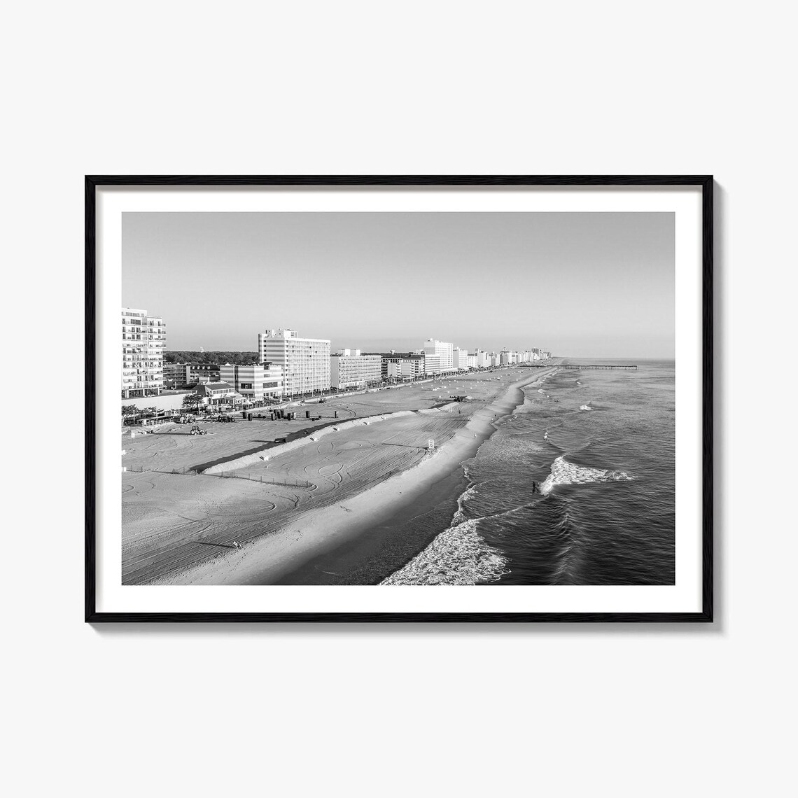 Black and White Oceanfront Beach City Aerial Coastal Photo Poster