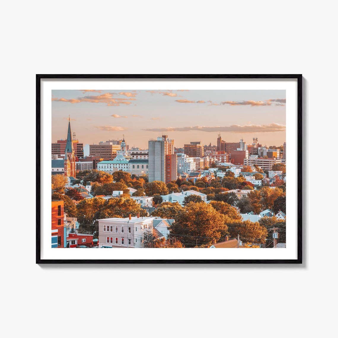Portland Maine Sunset Cityscape Church Spire Color Photo Poster