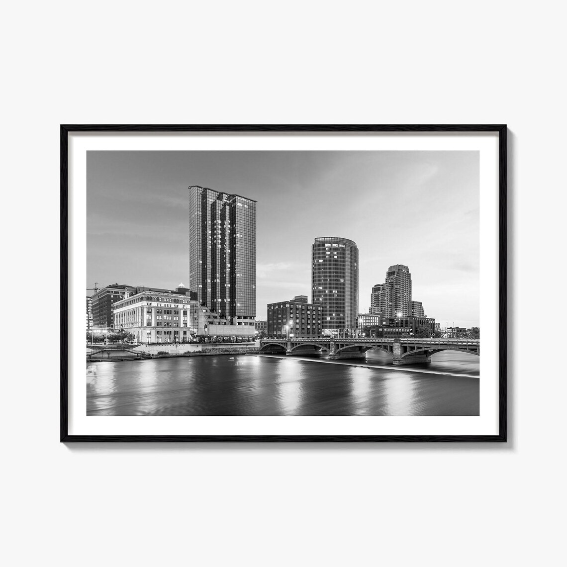 Michigan City Skyline River Bridge Dusk Black and White Poster