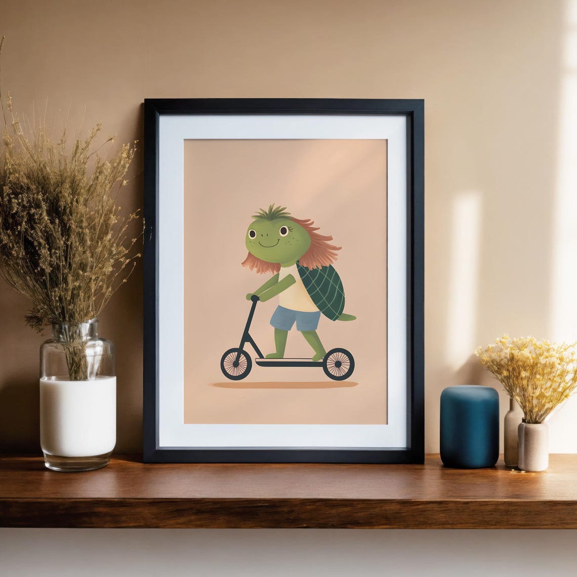 Smiling Turtle with Red Hair Riding a Kick Scooter Nursery Wall Poster - Image 3