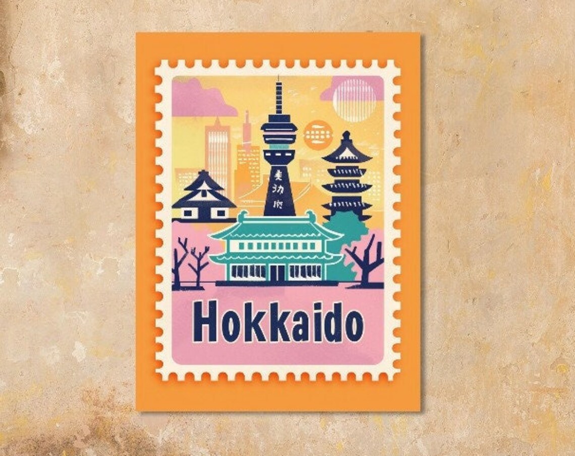 Hokkaido Japan Temple Tower Vintage Travel Stamp Style Poster