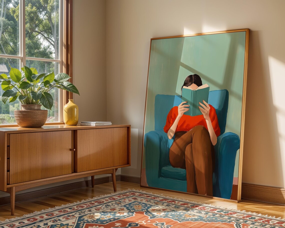 Woman Reading Book in Blue Armchair Cozy Red Sweater Art Poster - Image 2