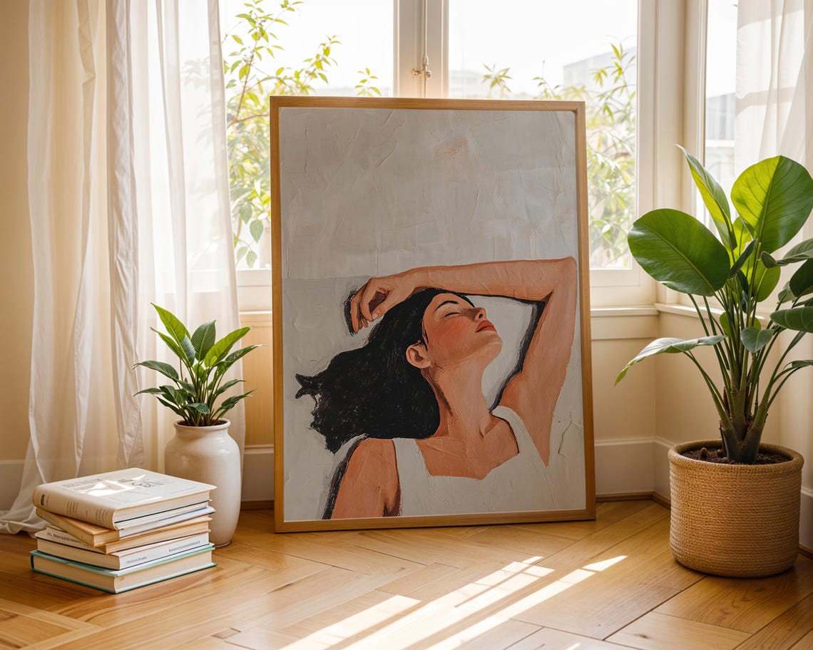 Abstract People Wall Art Sleeping Girl Painting Minimalist Oil Print Elegant Neutral Decor Contemporary Artwork Modern Home Gift For Her - Image 2