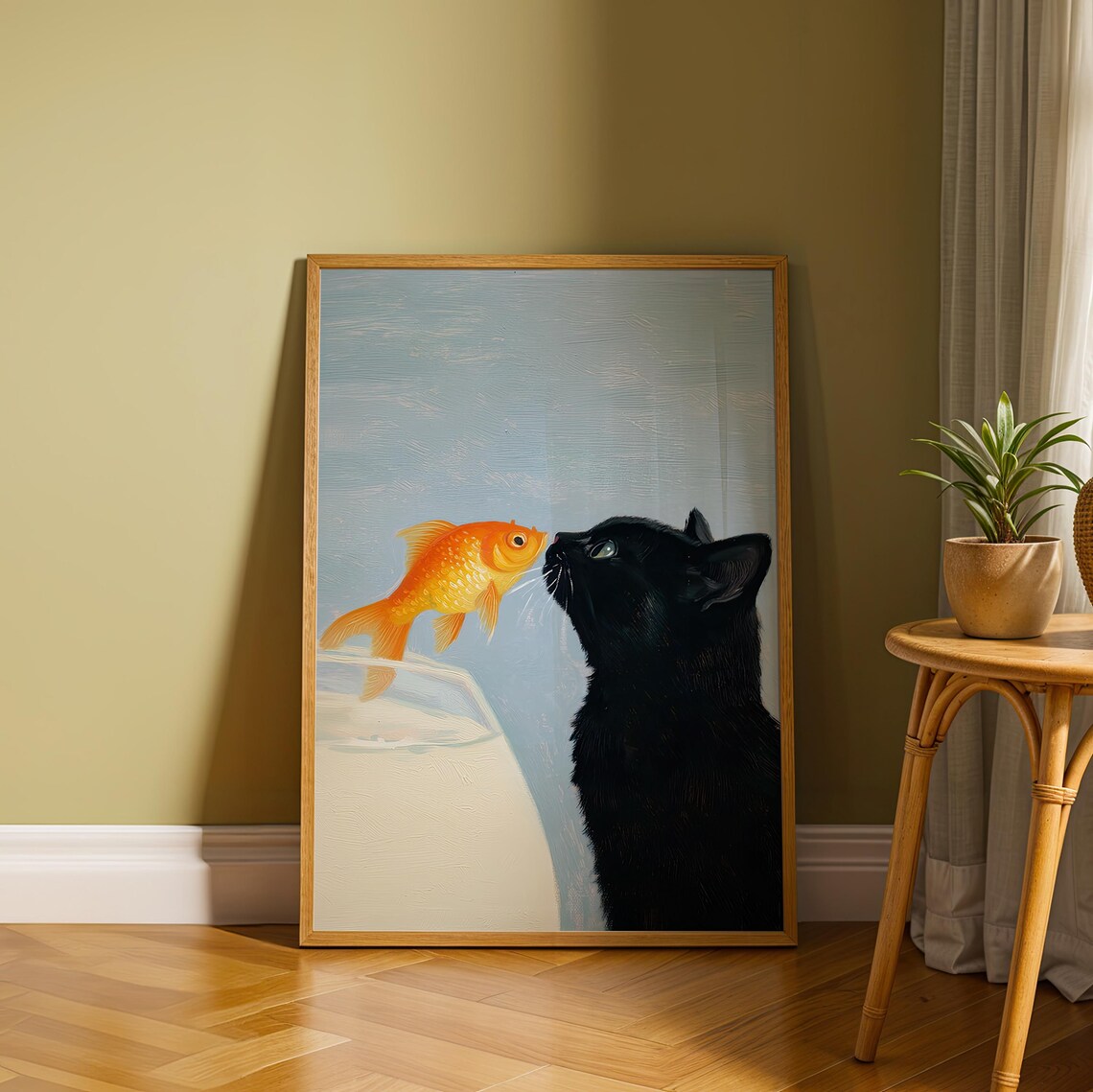 Black Cat Nose To Nose With Goldfish Cute Surreal Blue Background Cat Lover Art Poster - Image 3