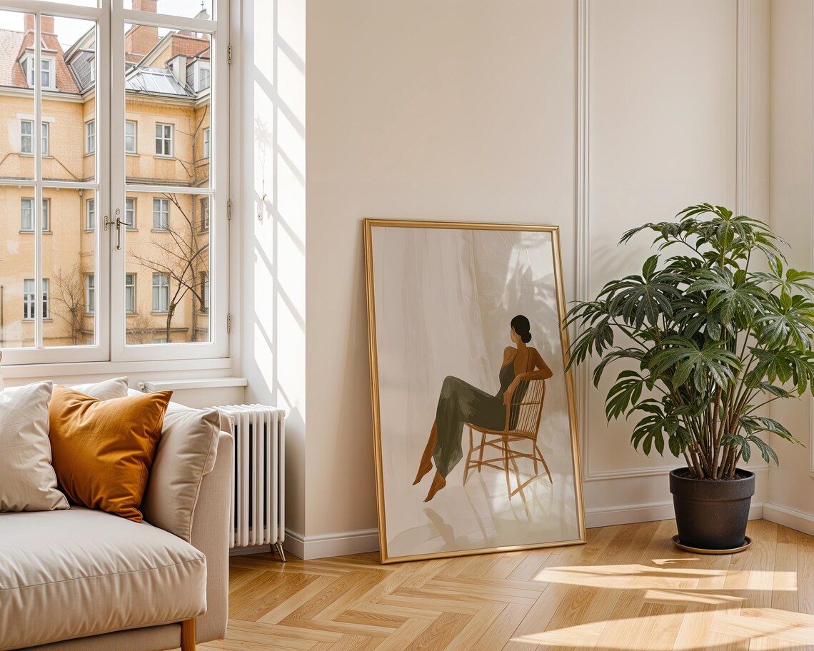 Woman In Silk Dress Sitting On Rattan Chair Sunlit Minimalist Interior Art Print - Image 4