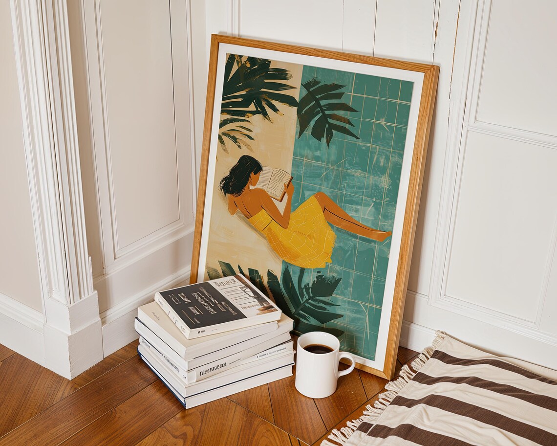 Woman In Yellow Dress Reading By Pool Tropical Palm Leaves Relaxed Summer Art Poster