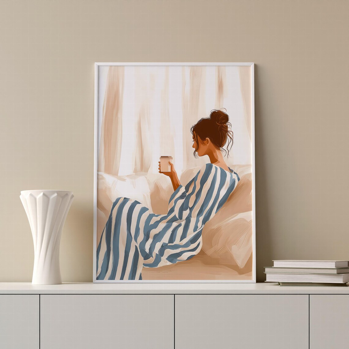 Abstract Cozy Coffee Art Modern Woman Print Minimalist Wall Art Neutral Decor Relaxing Morning Illustration Boho Bedroom Gift - Image 5