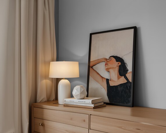 Sleeping Woman In Black Dress Arm Raised Soft Neutral Minimalist Oil Style Art Poster