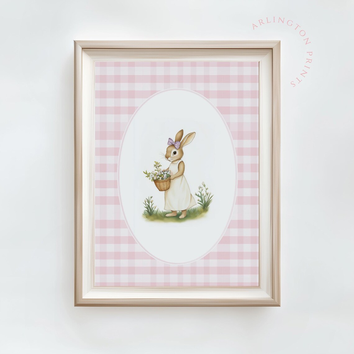 Bunny Girl With Flower Basket On Pink Gingham Nursery Poster