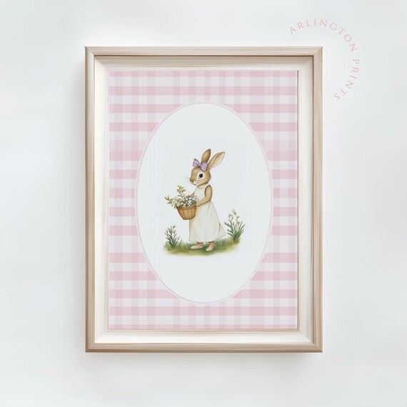 Bunny Girl With Flower Basket On Pink Gingham Nursery Poster