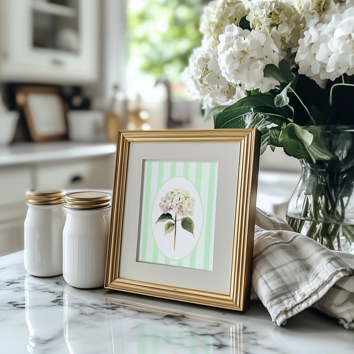 Mint Green Striped Hydrangea Bloom Vintage Botanical Decor Poster - Image 5