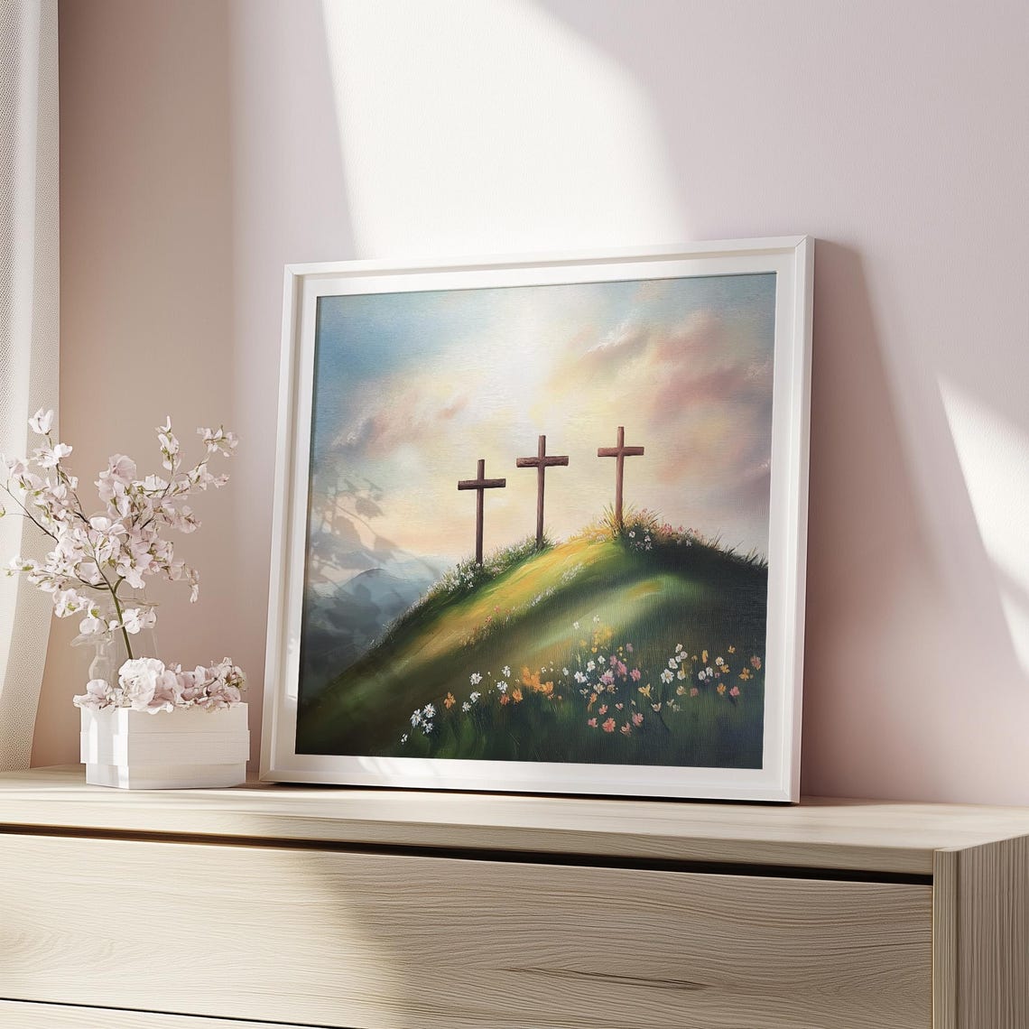 Three Crosses On Sunrise Hill Christian Easter Landscape Poster - Image 4