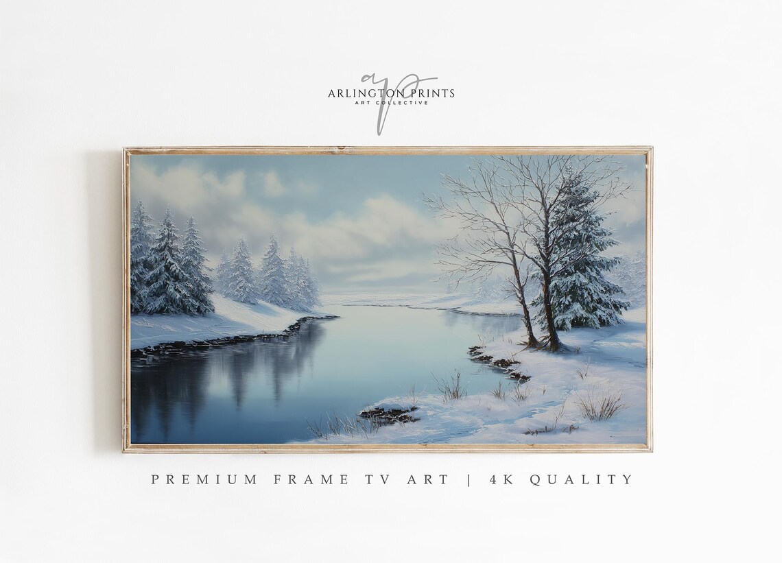 Peaceful Winter Lake with Snowy Pines Calm Blue Landscape Poster