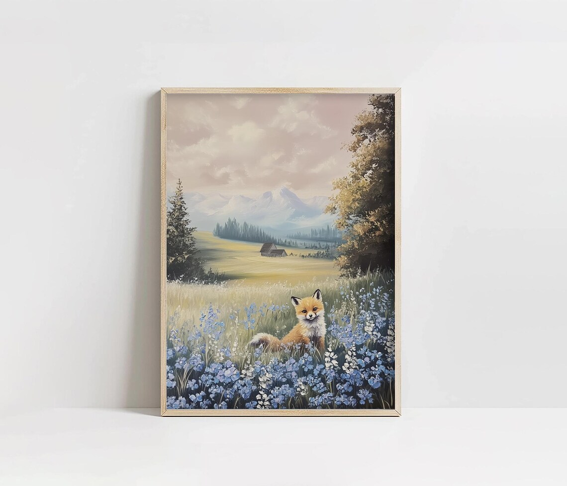 Cute Baby Fox In Blue Wildflowers Mountain Meadow Cabin Poster - Image 4