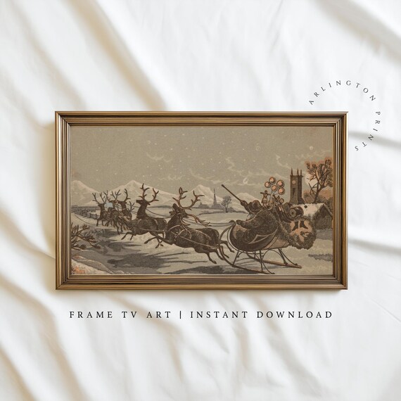 Vintage Santa Sleigh Reindeer Engraving Old Christmas Style Poster