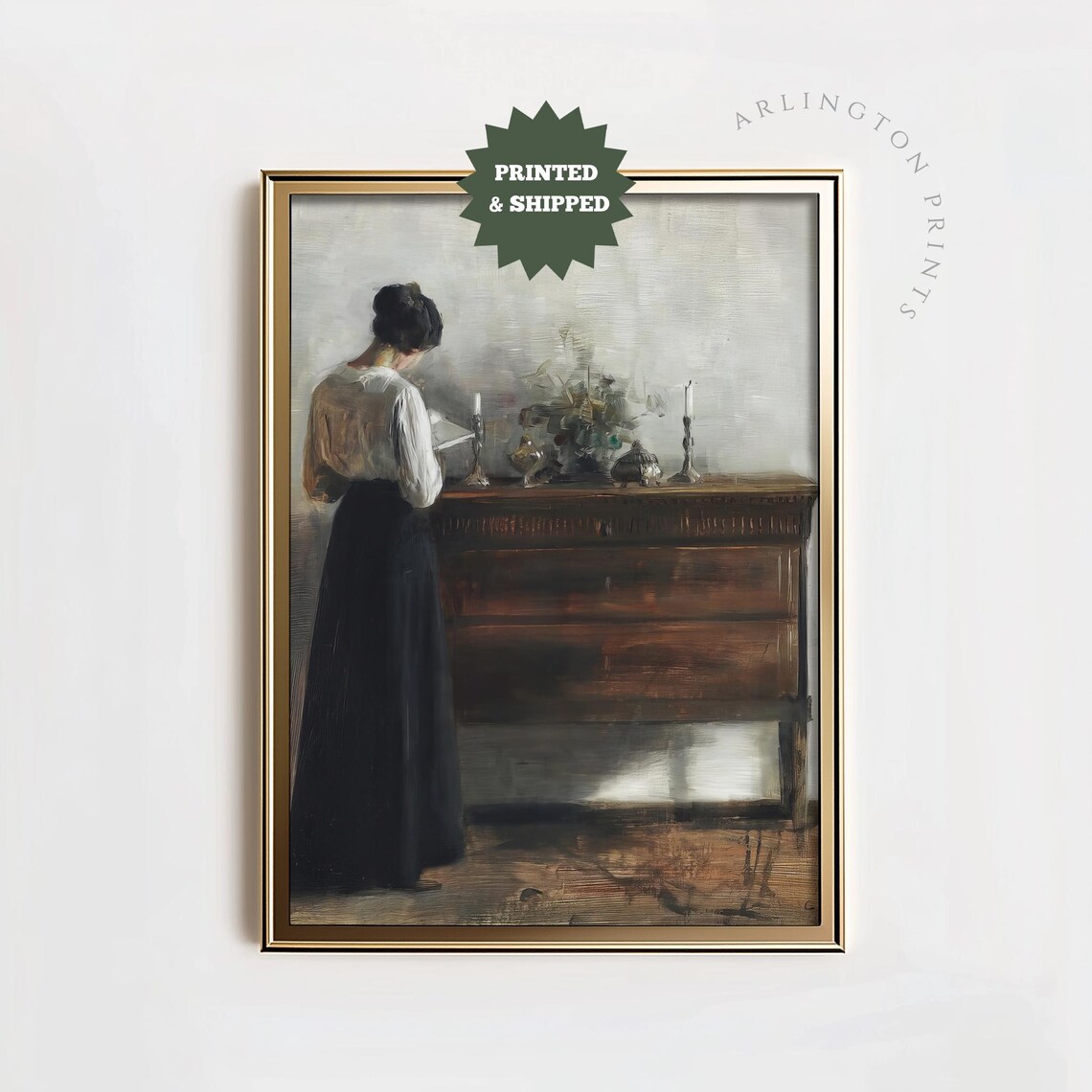 Moody Woman Reading By Candlelight Vintage Oil Painting Poster