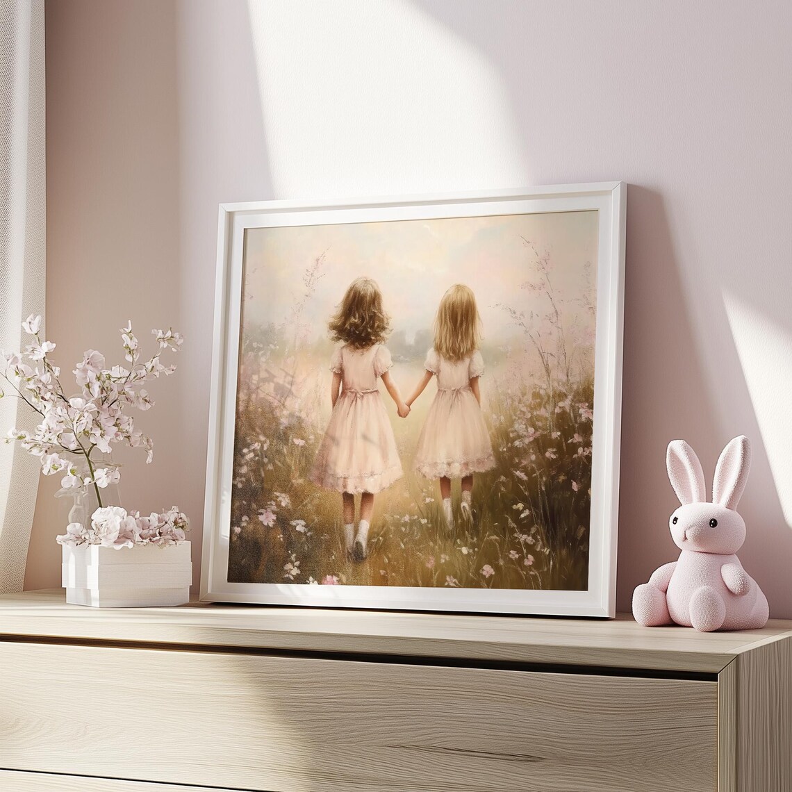 Cute Girls in Wildflower Field, Farmhouse Art Print - Image 3