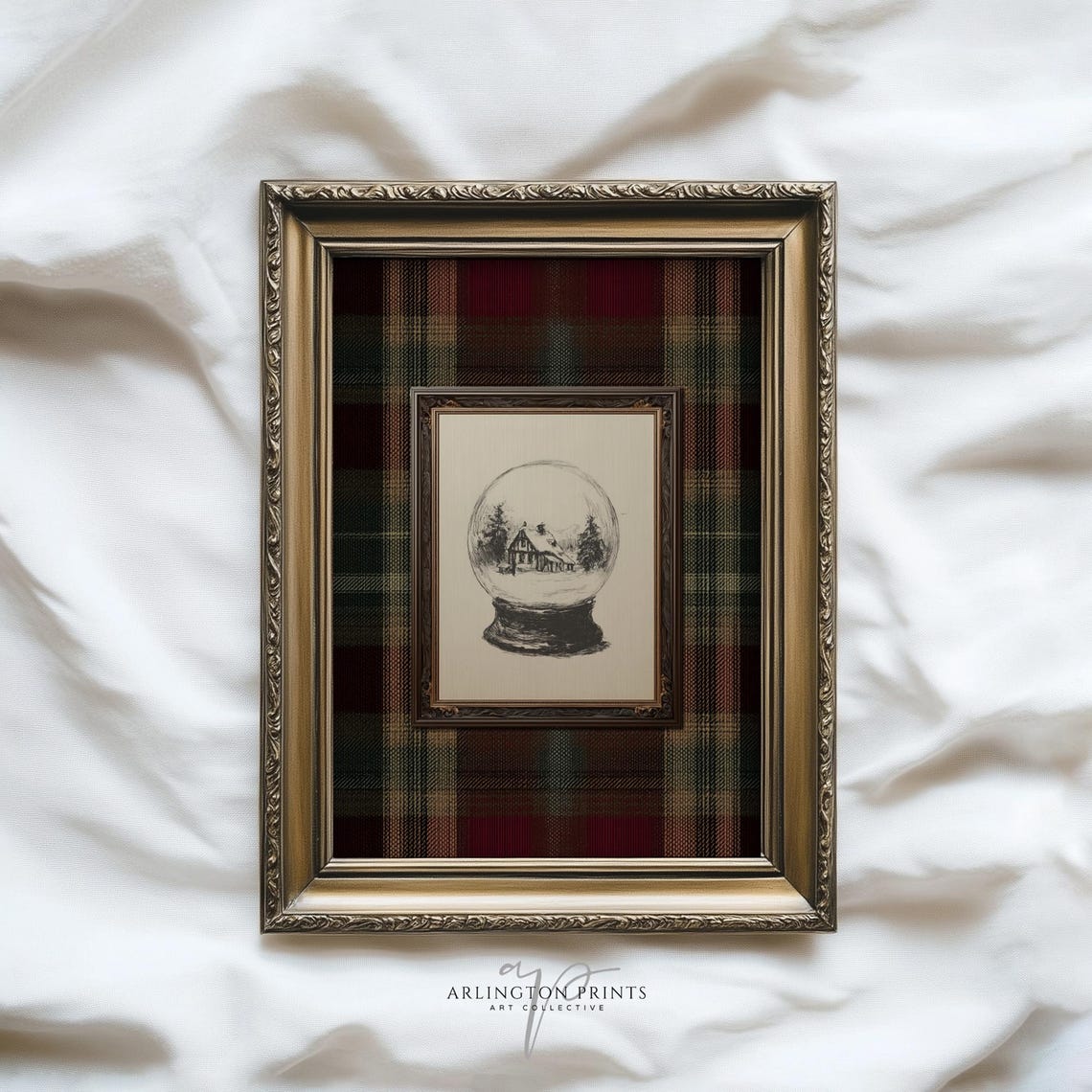 Rustic Snow Globe Sketch With Winter Cabin on Red Tartan Plaid Poster