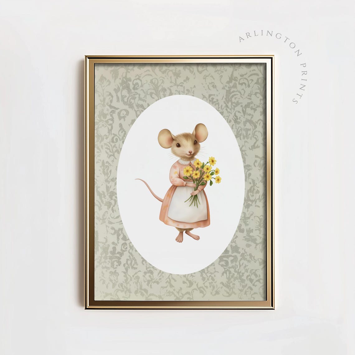 Mother Mouse Holding Yellow Flowers On Sage Floral Nursery Poster